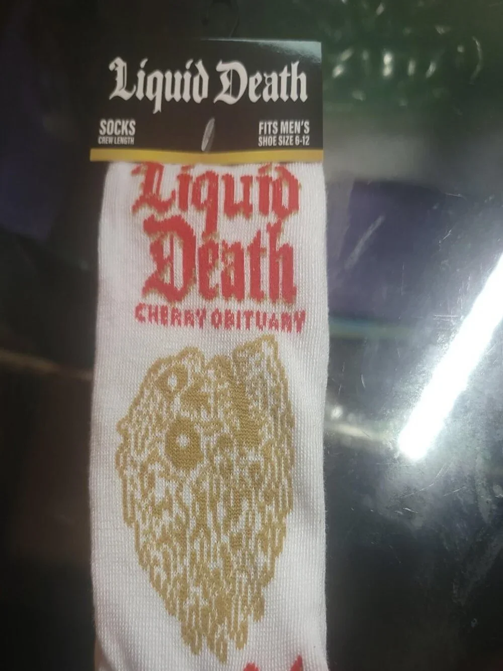 Liquid Death Cherry Obituary Crew Socks Men's 6-12 NWT Skull Graphic